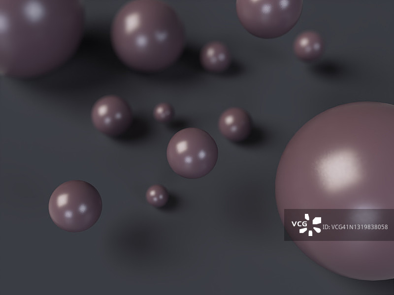 在黑暗的氛围中渲染3D插图。以抽象的形式移动棕色分子球。抽象光滑的圆形物体的组成。用光效应说明分子概念图片素材