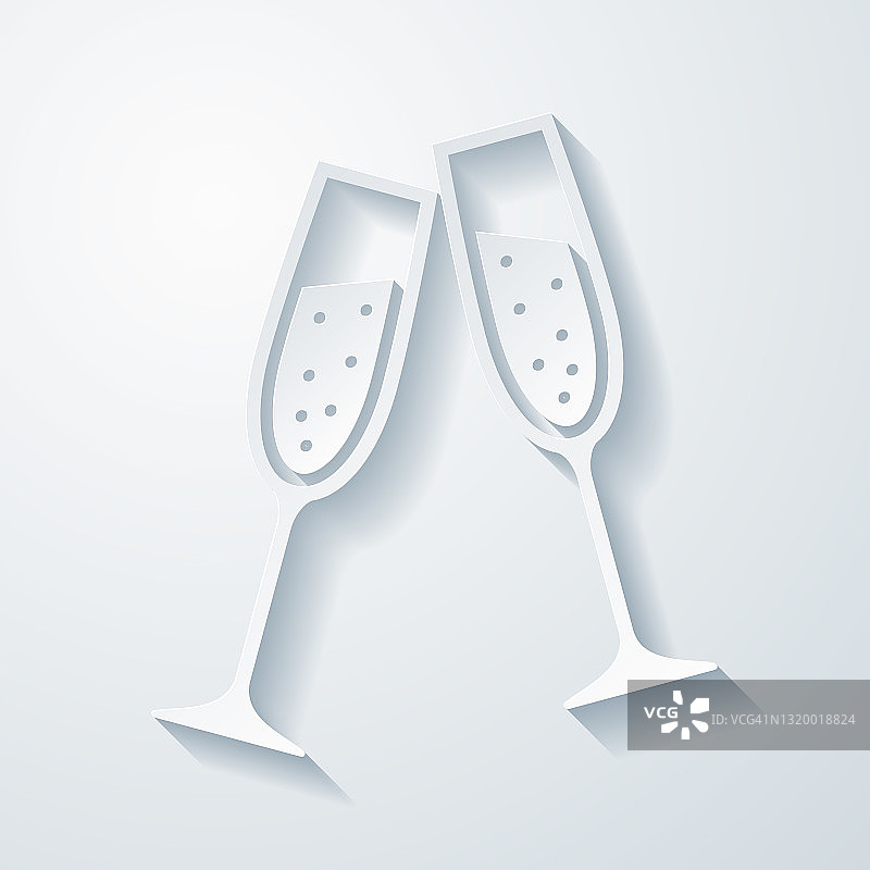 两杯香槟。在空白背景上具有剪纸效果的图标图片素材