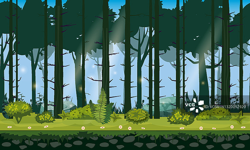 无缝森林景观横向背景游戏应用，设计。自然森林，树木，灌木，植物，载体图片素材