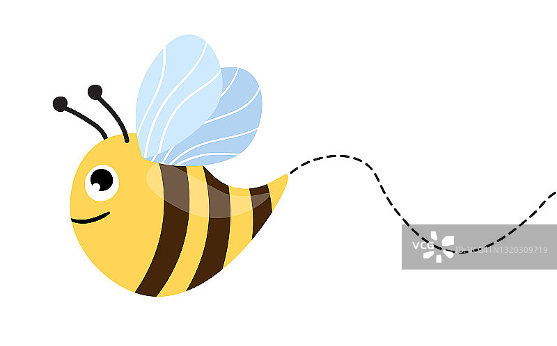 Ð¡artoon蜜蜂吉祥物。一只小蜜蜂在虚线飞行。黄蜂集合。矢量字符。乱伦图标。模板设计的邀请，卡片。涂鸦风格图片素材
