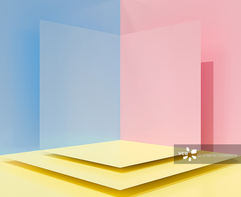 可爱的3d渲染空白舞台领奖台，台座赢家，显示产品在工作室。角落墙背景场景上柔和的颜色。黄粉蓝抽象画。室内创意理念简约主义。图片素材