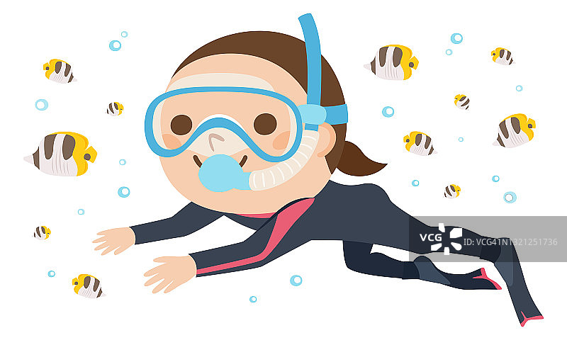 一个女潜水员穿着潜水服的插图。这个女人和鱼一起游泳。图片素材