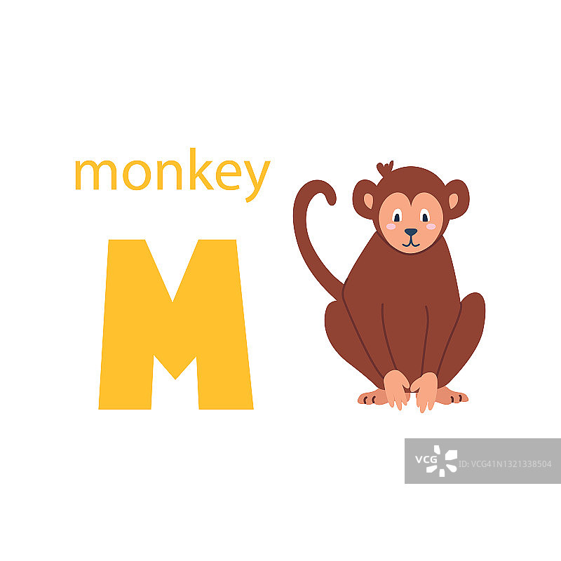 可爱的猴子。字母与动物。五彩缤纷的设计，教孩子们字母表，学习英语。矢量插图在一个平坦的卡通风格的白色背景图片素材