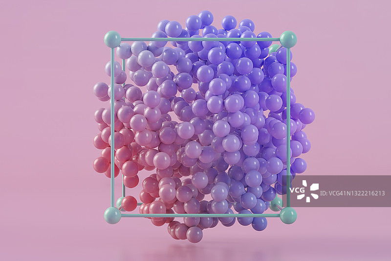 三维渲染的紫色球体浮动内立方框架图片素材