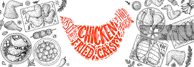 鸡肉晚餐。烤鸡和炸鸡。手绘草图。烤鸡肉顶视图框架。矢量插图。雕刻设计。餐厅菜单设计模板。图片素材