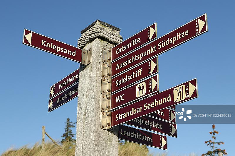 德国石勒苏益格-荷尔斯泰因，北弗里斯兰群岛，阿姆鲁姆岛，Wittduen的Kniepsand路标图片素材