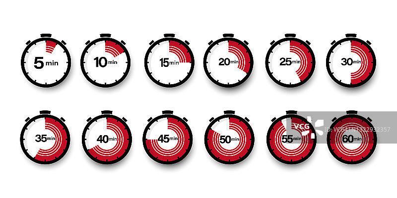 计时器。5, 10, 15, 20, 25, 30, 35, 40, 45, 50, 55, 60分钟。倒计时图标设置。孤立的矢量图。图片素材
