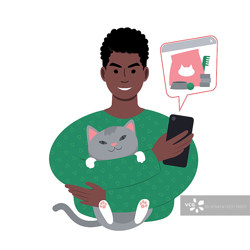 年轻的非洲男子和一只可爱的猫通过智能手机在网上订购宠物用品。图片素材