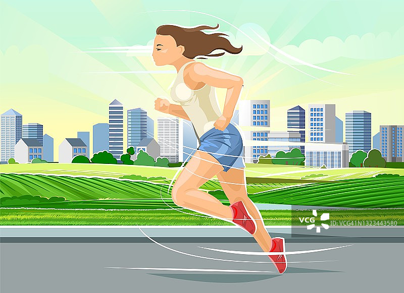 女孩跑。体育运行。健康的生活方式。平的卡通风格。女子跑步的火车在一个现代化大城市的背景下。向量图片素材