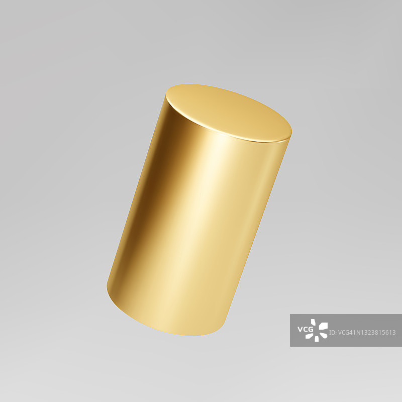 金色3d旋转圆筒孤立在灰色背景。圆柱柱，金色管子。三维基本几何形状矢量图片素材