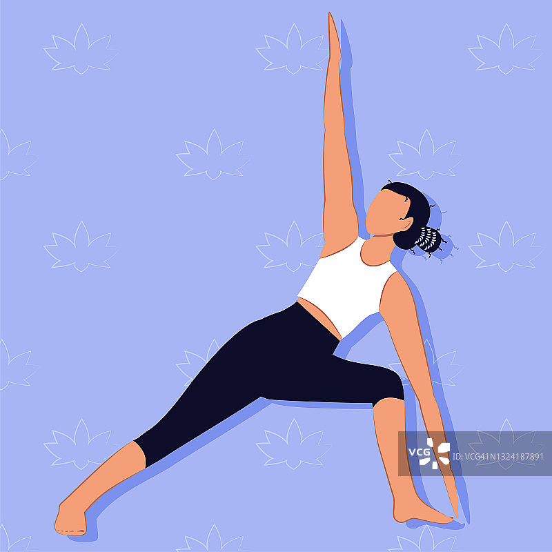 向量。一个身材苗条的卡通女孩正在练瑜伽。膝盖弯曲三角姿势。支架很宽，向一侧倾斜，弯曲膝盖。Uttita Parsvakonasana。体育活动。图片素材