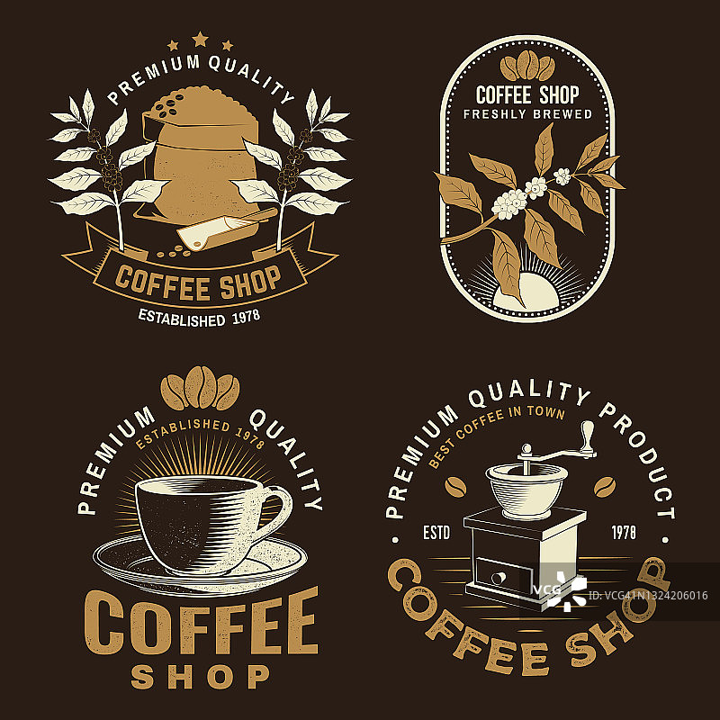 一套咖啡店徽章，徽章模板。向量。排版设计与咖啡研磨机剪影。为餐厅，咖啡馆，酒吧，包装菜单模板图片素材
