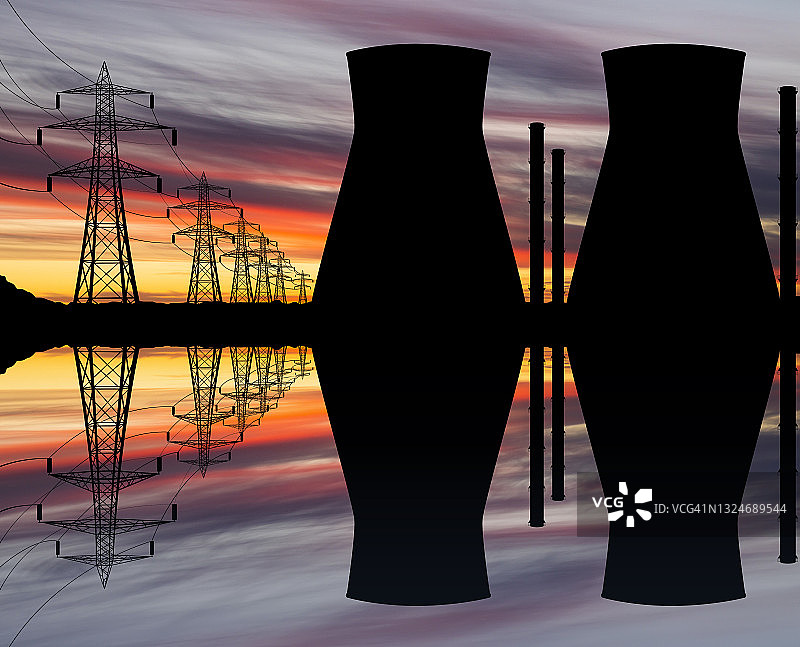 核电站在夕阳的背景下图片素材