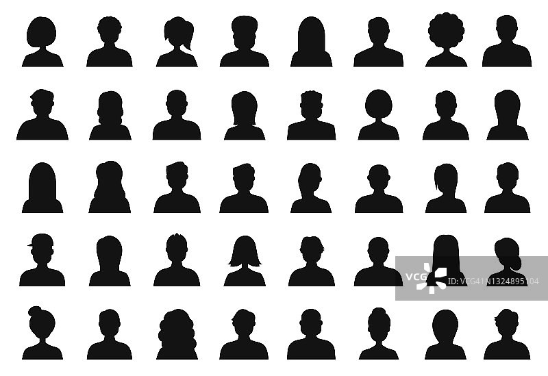 剪影人阿凡达图标设置-档案多样化的脸为社交网络。男人和女人轮廓-矢量抽象插图图片素材