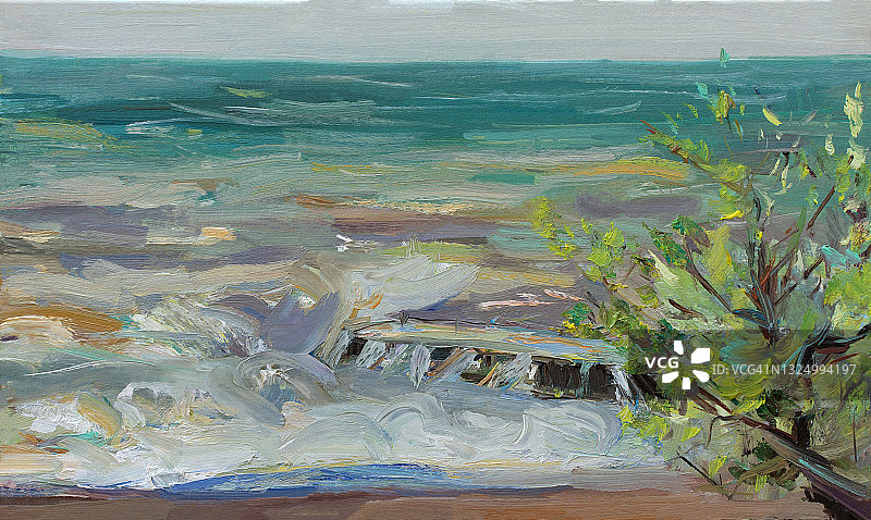 海油画。抽象的绿松石海景。印象派，素描，原创作品。图片素材