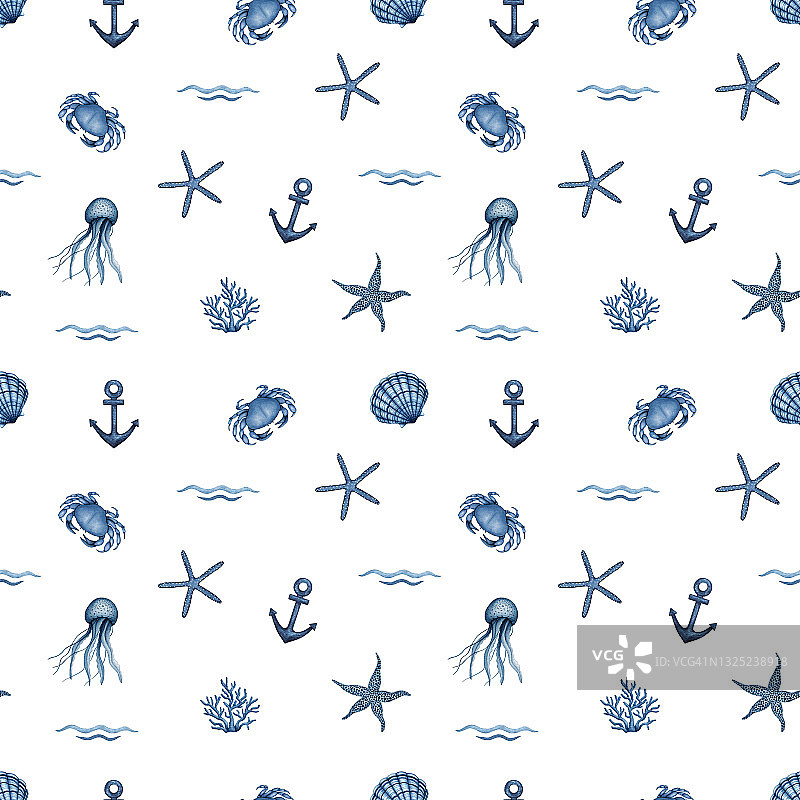 航海无缝模式。水彩蓝色锚，海星，珊瑚，水母和海贝。海洋生物。海洋水下动物。手绘海洋婴儿背景托儿所版画图片素材