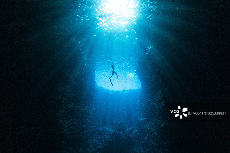 水下潜水员通过洞穴游向阳光图片素材