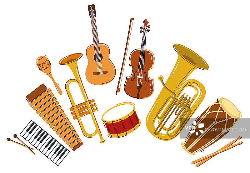 古典乐器作曲矢量平面风格插图孤立的白色，古典管弦乐队声，音乐会或节日现场声。图片素材
