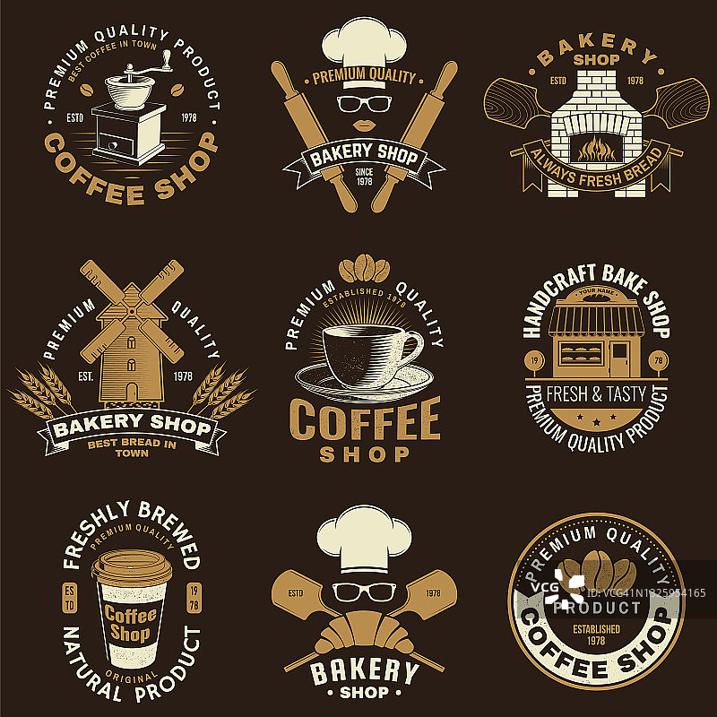 一套咖啡店和面包店的商店logo，徽章模板。向量。设计有面团、麦穗、旧烤箱、咖啡杯的剪影。菜单模板为餐厅，咖啡馆，酒吧，身份图片素材