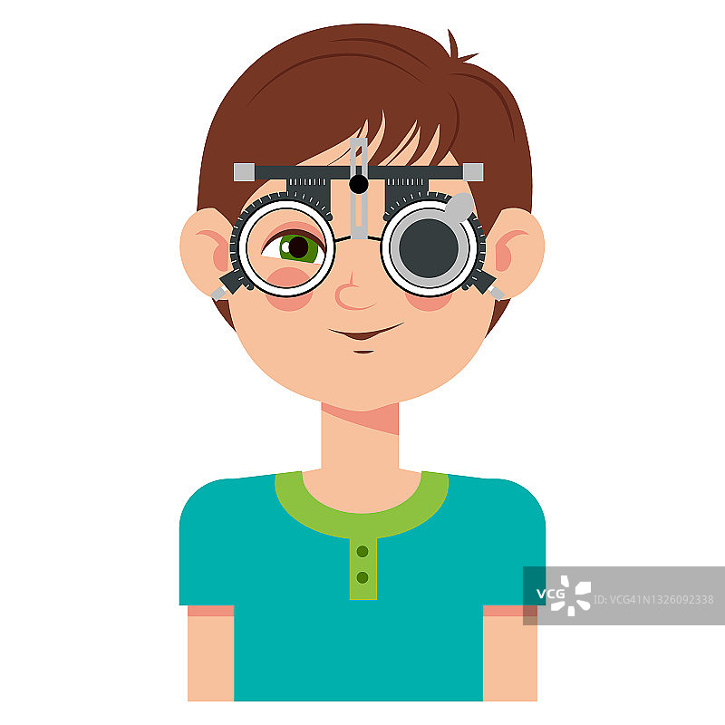 儿童眼科门诊视力检查。验光师检查儿童视力与眼镜医疗设备。眼镜镜片的选择。男孩扁平卡通人物图片素材