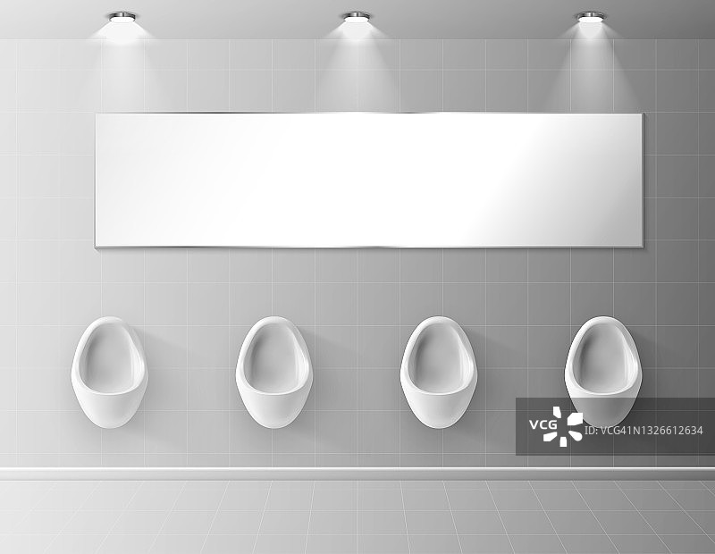 男士公共卫生间内部极简主义。男厕所的白色小便池在墙上，正面视图。图片素材
