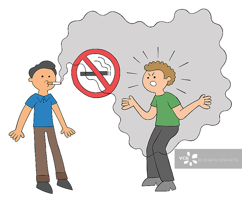 卡通人物在一个禁止吸烟的地方吸烟，另一个人生气，矢量插图图片素材