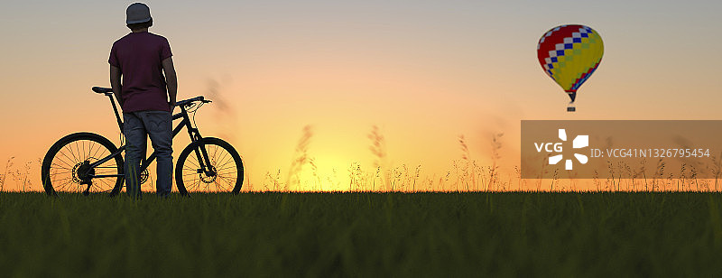 年轻人与他的自行车看一个热气球在日落3D渲染图片素材