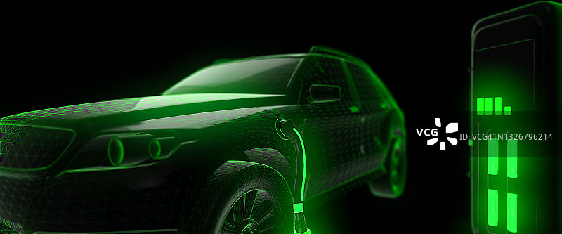 现代电动绿色汽车在充电站充电3D渲染图片素材