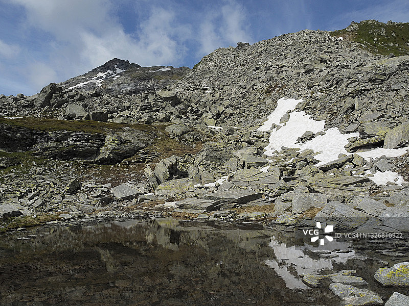 融水池塘和雪片沿着徒步小径到bochetta Foglia或Hendar Furggu, Rovana山谷图片素材