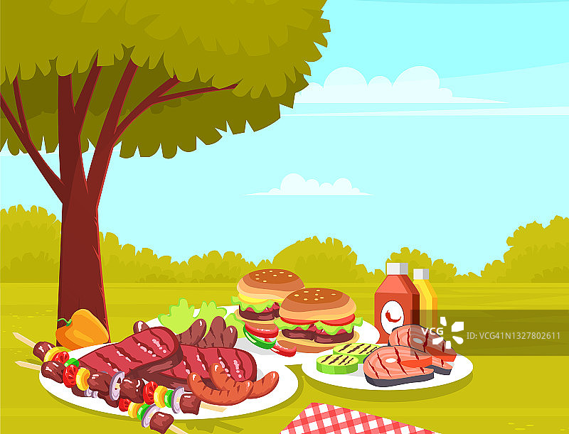 夏日野餐。为户外用餐准备的产品。汉堡，牛排，烤鲑鱼，烤肉图片素材