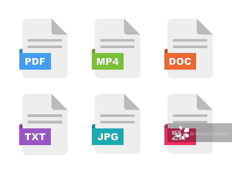 文件类型图标集。格式的文档。文件扩展名。彩色文件类型和文件在平面风格。图片素材