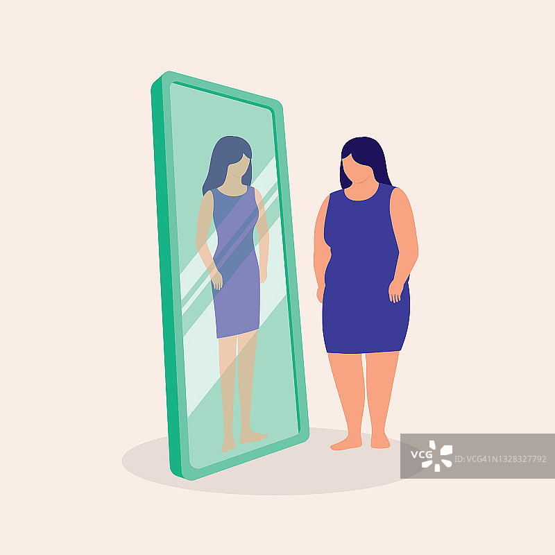 年轻的胖女人想象着镜子里的自己苗条的身体。身体意识。身体形象。负面的自我形象。图片素材