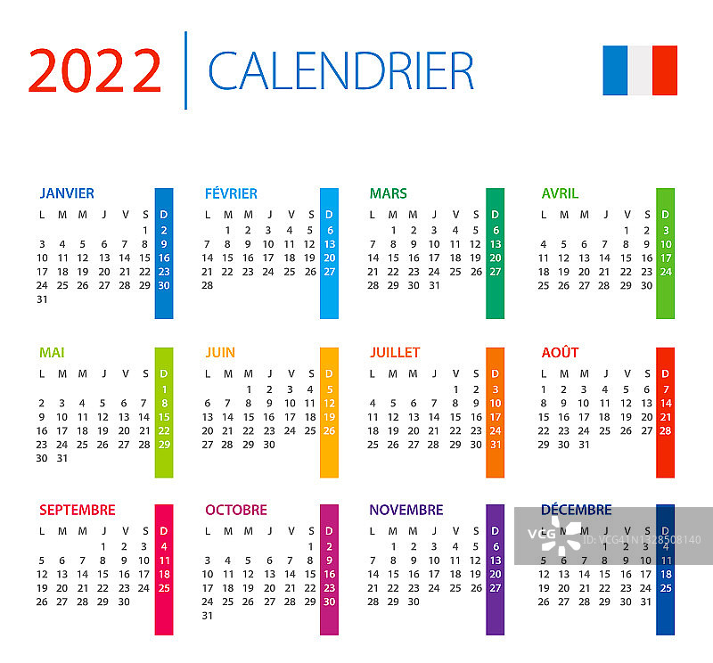 日历2022年法国-彩色矢量插图。法语版本。图片素材