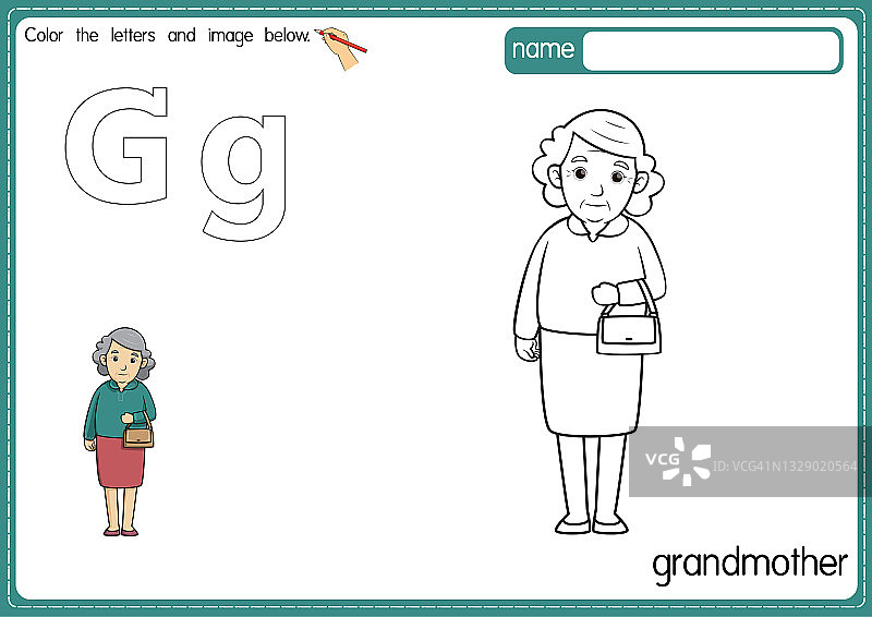 矢量插图的儿童字母着色书页与概述剪贴画，以颜色。字母G代表奶奶。图片素材