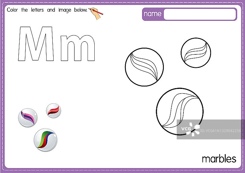 矢量插图的儿童字母着色书页与概述剪贴画，以颜色。字母M代表大理石。图片素材