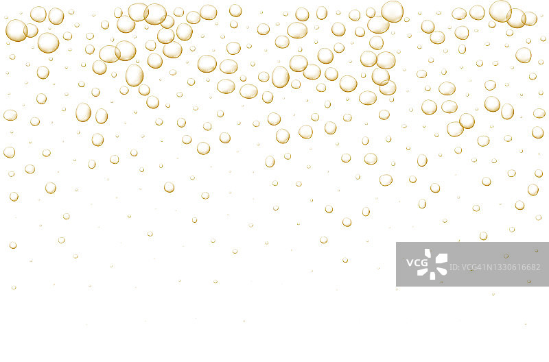 黄金碳酸泡沫。闪光香槟。有气泡的汽水和起泡的饮料。提取新鲜苏打和气泡、氧气、香槟水晶。在黑色透明背景上的矢量插图。图片素材
