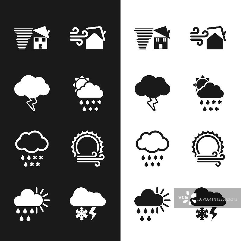 设置云与雪，雨，太阳，风暴，龙卷风漩涡，和，风，闪电和多云的图标。向量图片素材