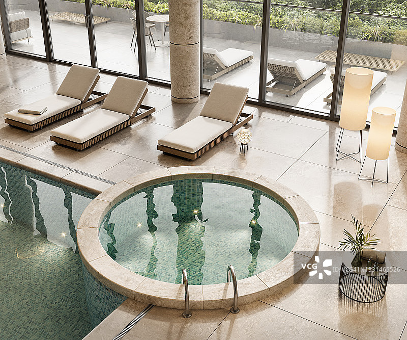 豪华酒店游泳池的高角度视图图片素材