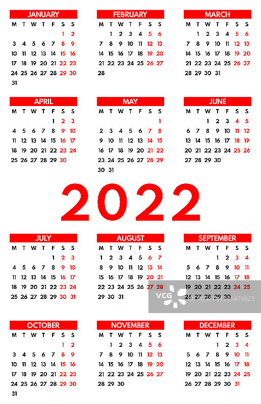 2022袖珍日历，第一天星期一，两个周末，红色的白色背景，垂直布局，矢量插图图片素材
