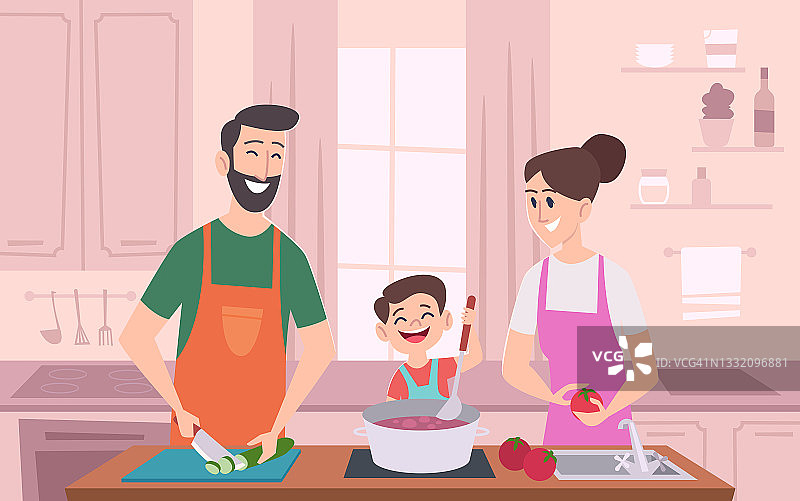 家庭厨房。孩子与父母准备食物和服务餐桌在厨房确切的矢量卡通背景图片素材