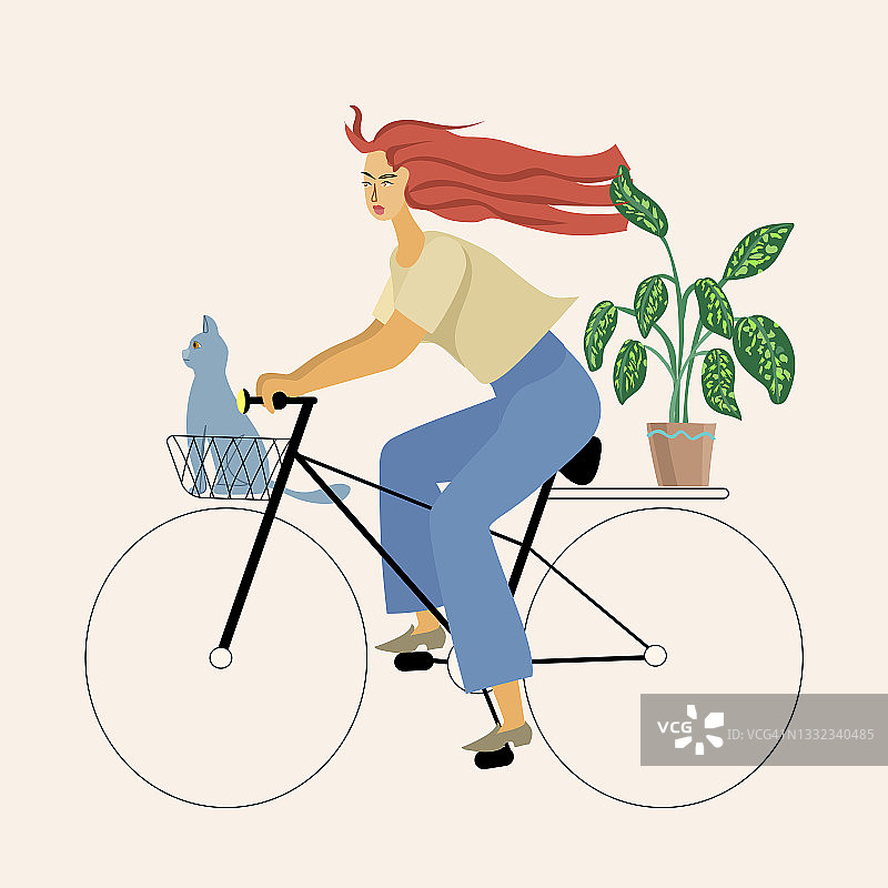 女孩骑着一辆自行车，带着一只猫和一株植物。程式化的矢量插图。图片素材