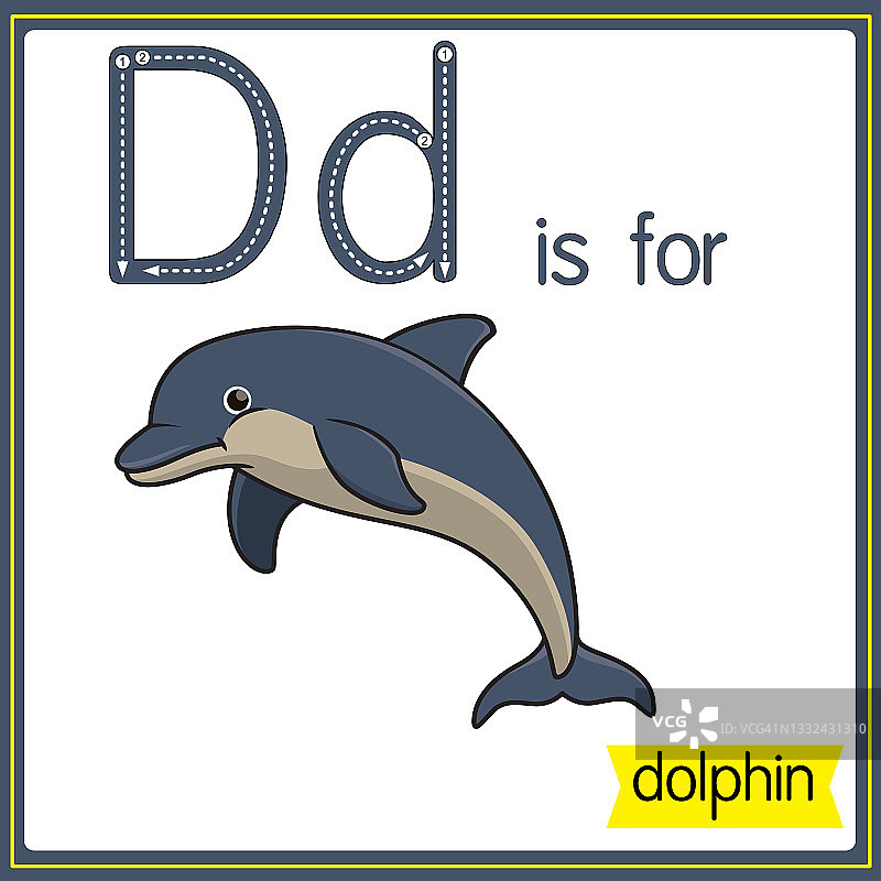 矢量插图学习字母为儿童与卡通形象。字母D代表海豚。图片素材