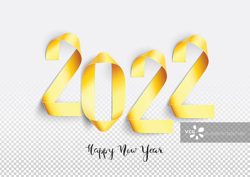 2022年新年快乐-简单的问候卡在向量-抽象手工插图由金色涂成数字2和零形状的窄条纸-组成隔离在白色的纸背景图片素材