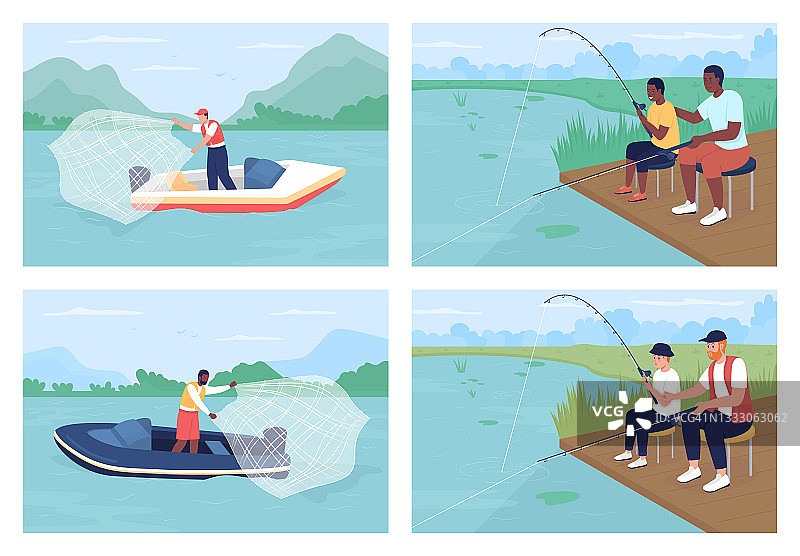 休闲钓鱼平色矢量插图集图片素材