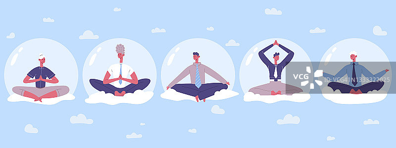 商务人士瑜伽抽象空中冥想练习。办公室工作人员放松在莲花位置矢量插图。冥想办公室人图片素材