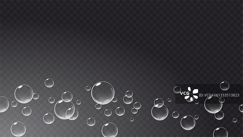 漂浮的气泡孤立在黑暗透明的背景。碳酸空气水下。向量现实的例证。图片素材