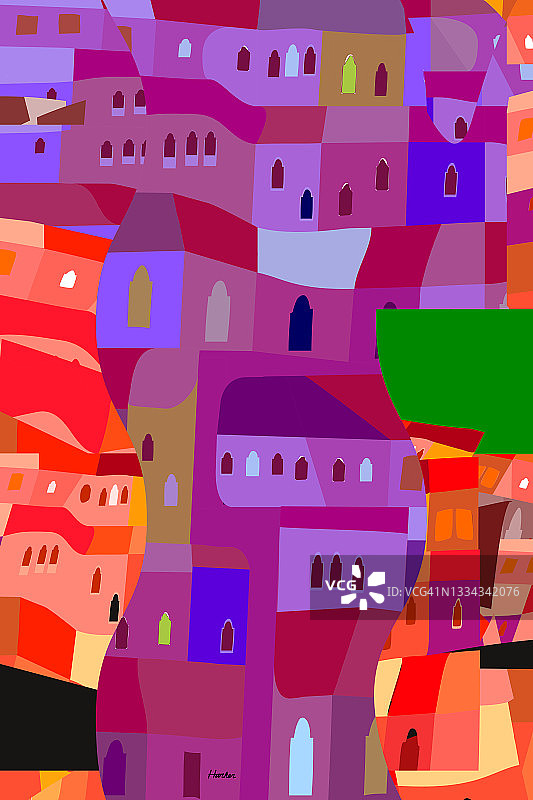 丘陵城市排屋平面格局景观在紫色和橙色插图。图片素材