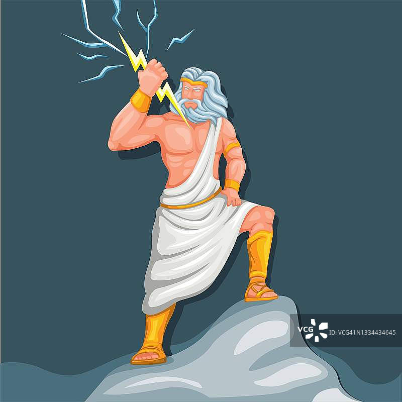宙斯、朱庇特是雷电之神，具有闪电般的人物形象。古希腊罗马神话插图向量图片素材