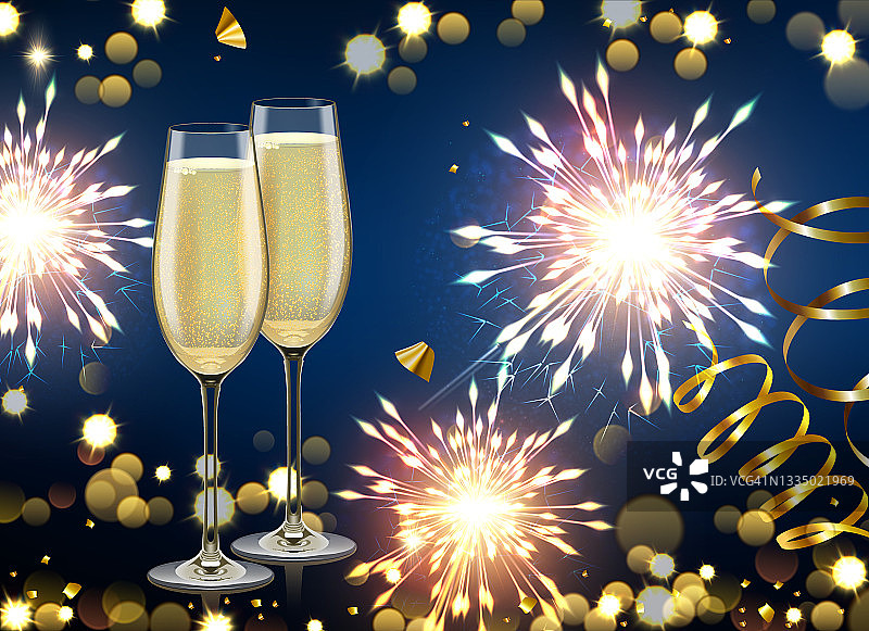新年背景与烟花，彩纸和香槟图片素材