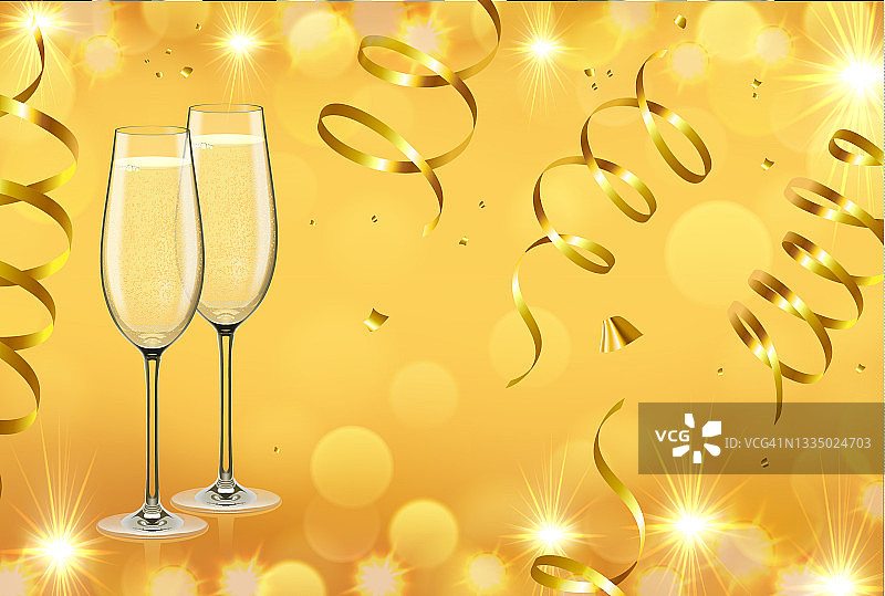 新年金色背景与五彩纸屑和香槟图片素材